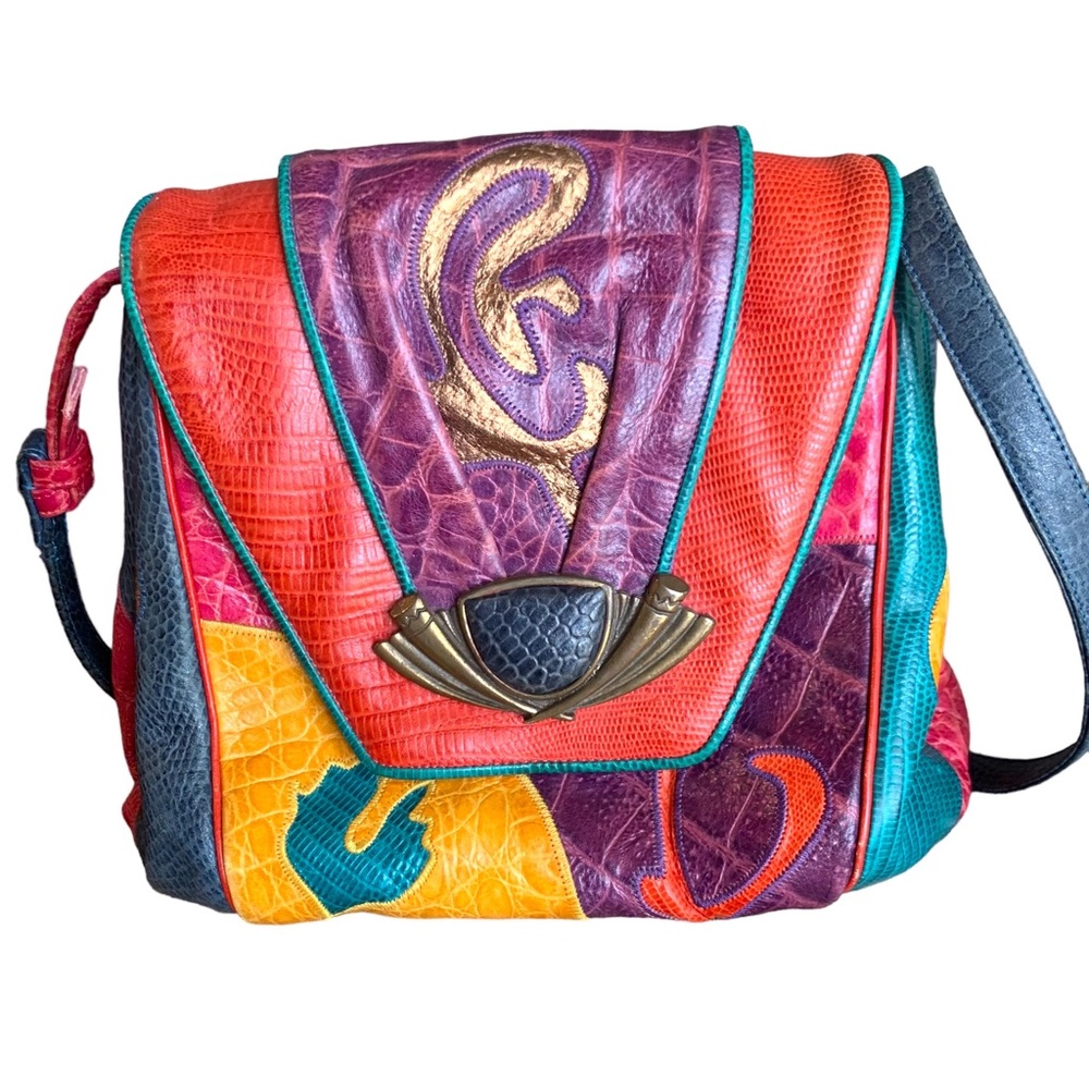 🌹 1980 Vintage SHARIF Patchwork Leather Shoulder Bag Multicolored Retro